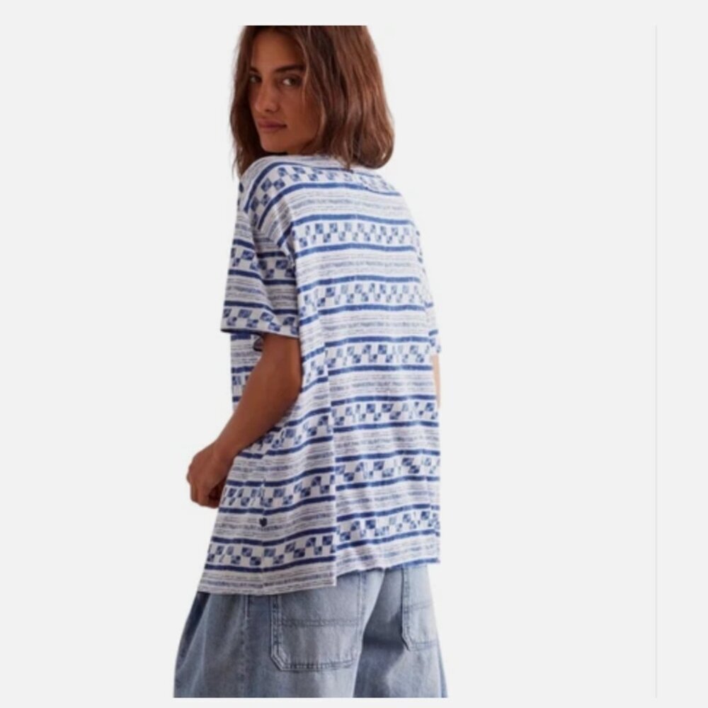 Free People Blue and White Striped Short Sleeve Tee - Picture 2 of 3